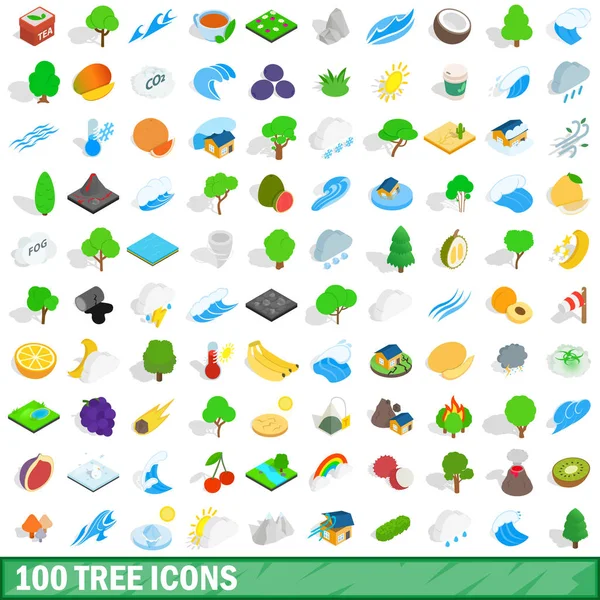 Conjunto de 100 iconos de árbol, estilo isométrico 3d — Vector de stock