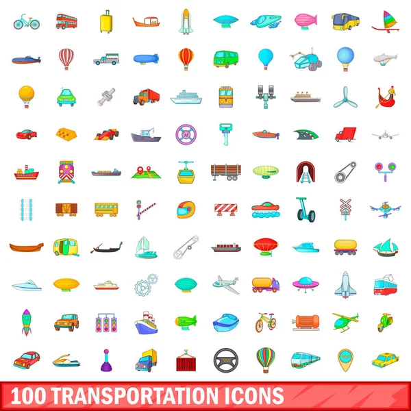 100 교통 아이콘 설정, 만화 스타일 — 스톡 벡터