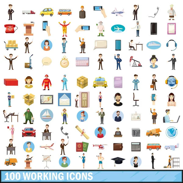 stock vector 100 working icons set, cartoon style