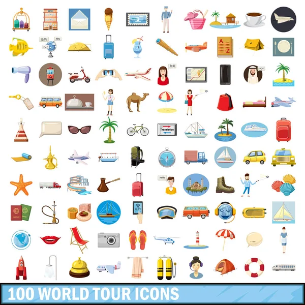 100 conjunto de ícones de turnê mundial, estilo cartoon —  Vetores de Stock