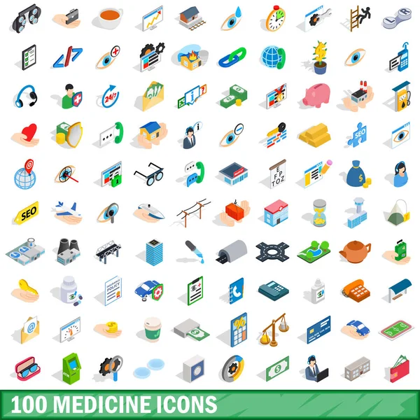 100 conjunto de ícones de medicina, estilo 3D isométrico — Vetor de Stock