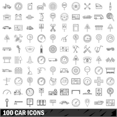 100 araba Icons set, anahat stili