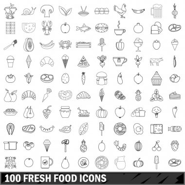 100 taze gıda Icons set, anahat stili