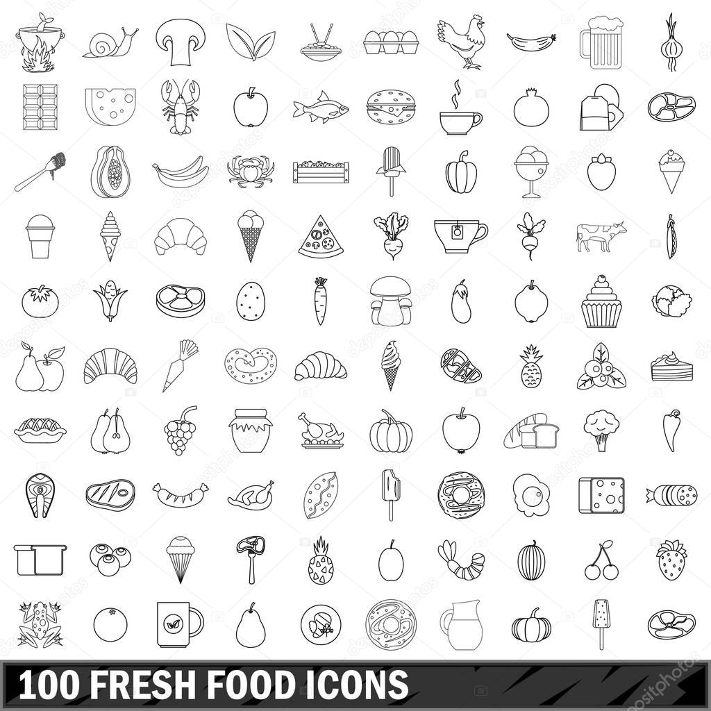 100 fresh food  icons set, outline style