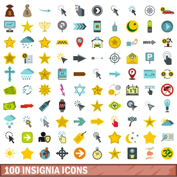 100 insignier ikoner Ställ, platta stil — Stock vektor