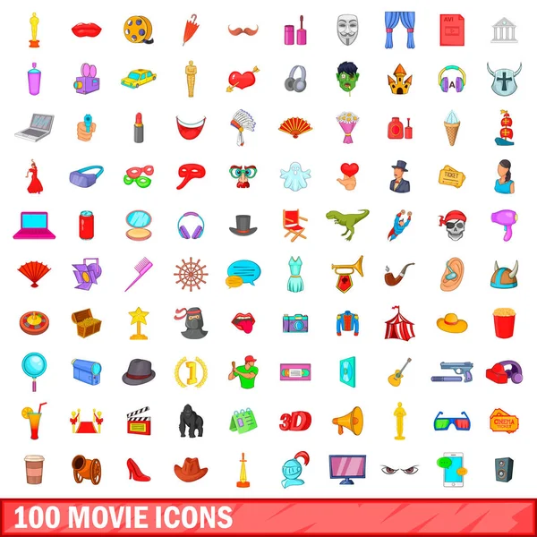 100 iconos de la película conjunto, estilo de dibujos animados — Vector de stock