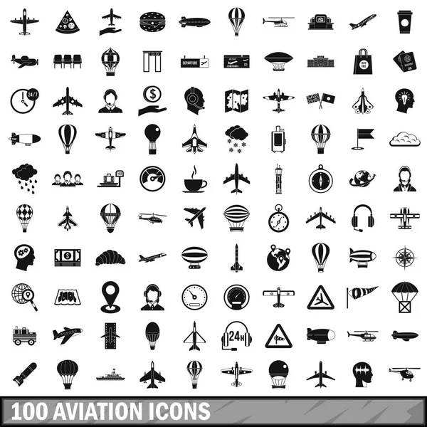 100 iconos de la aviación conjunto, estilo simple — Vector de stock