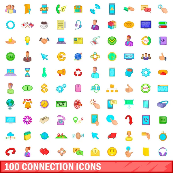 100 ikon připojení nastavit, kreslený styl — Stockový vektor