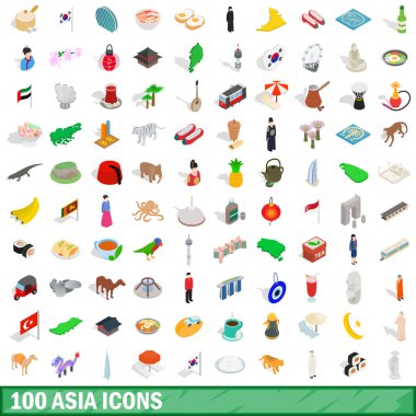 100 Asya Icons set, izometrik 3d tarzı