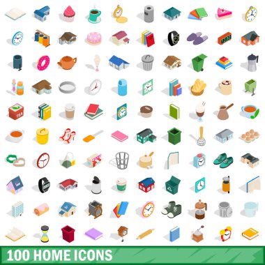 100 ev Icons set, izometrik 3d stili