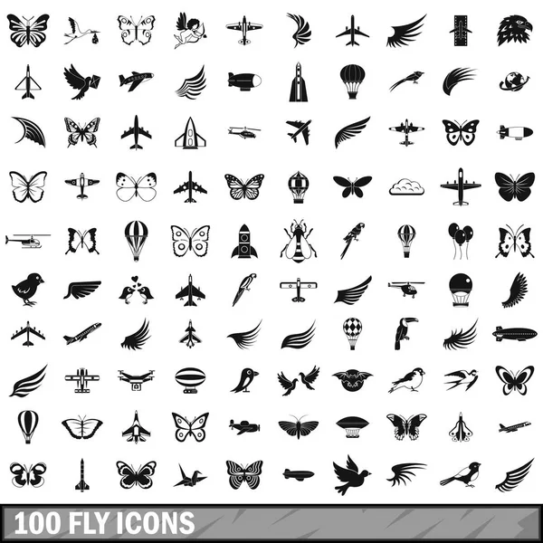 100 fly icons set, simple style — Stock Vector