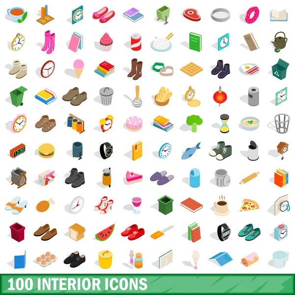 Conjunto de 100 iconos interiores, estilo 3D isométrico — Vector de stock