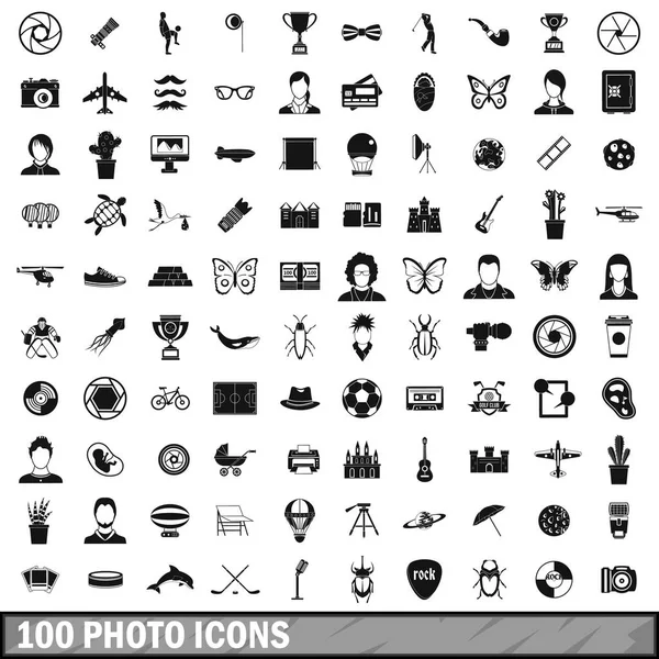 100 Foto-Icons gesetzt, einfacher Stil — Stockvektor