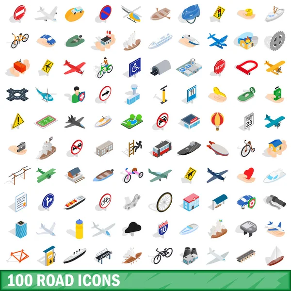 Conjunto de 100 iconos de carretera, estilo 3D isométrico — Vector de stock