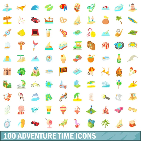 100 set di icone del tempo di avventura, stile cartone animato — Vettoriale Stock