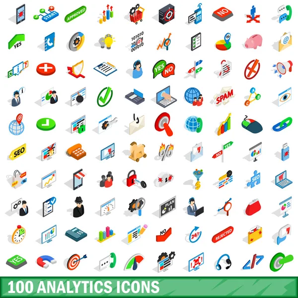 100 analytics iconen set, isometrische 3D-stijl — Stockvector