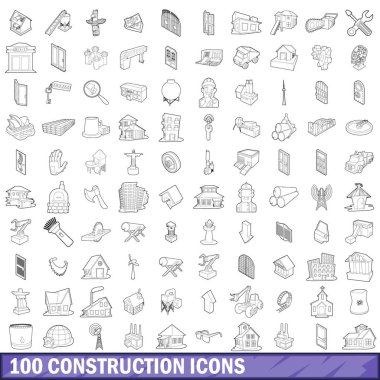 100 inşaat Icons set, anahat stili
