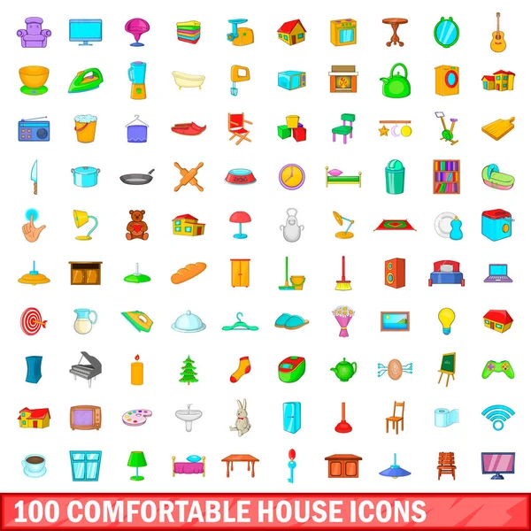100 的舒适的房子图标设置、 卡通风格 — 图库矢量图片