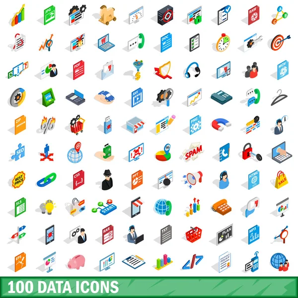 Conjunto de 100 iconos de datos, estilo 3D isométrico — Vector de stock