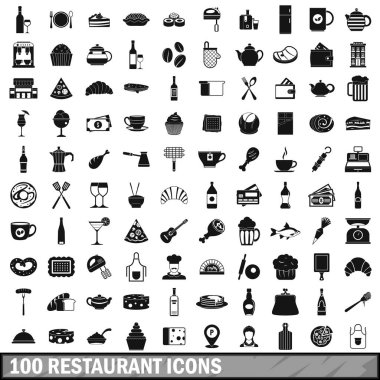 100 Restoran Icons set, basit tarzı