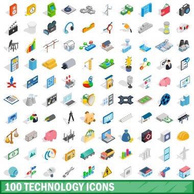 100 teknoloji Icons set, izometrik 3d stili