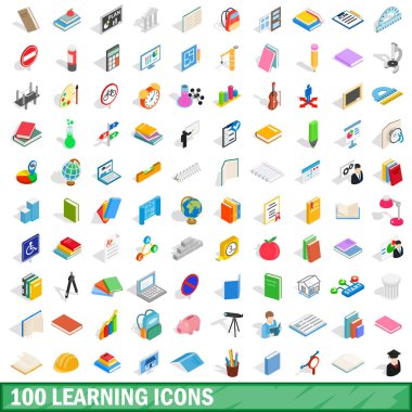 100 Icons set, izometrik 3d stil öğrenme