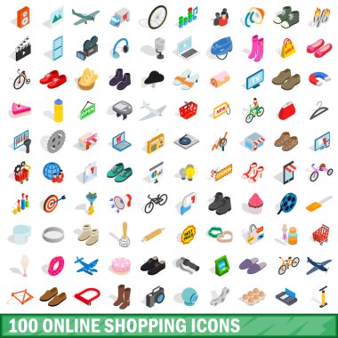 100 online alışveriş Icons set, izometrik 3d tarzı