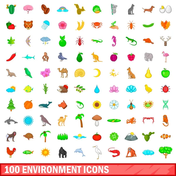 100 ikon lingkungan ditata, gaya kartun - Stok Vektor