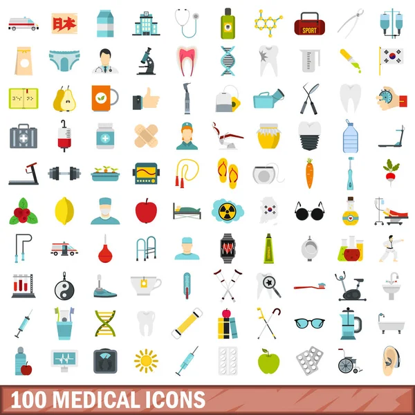 100 medical icons set, flat style — Stock Vector