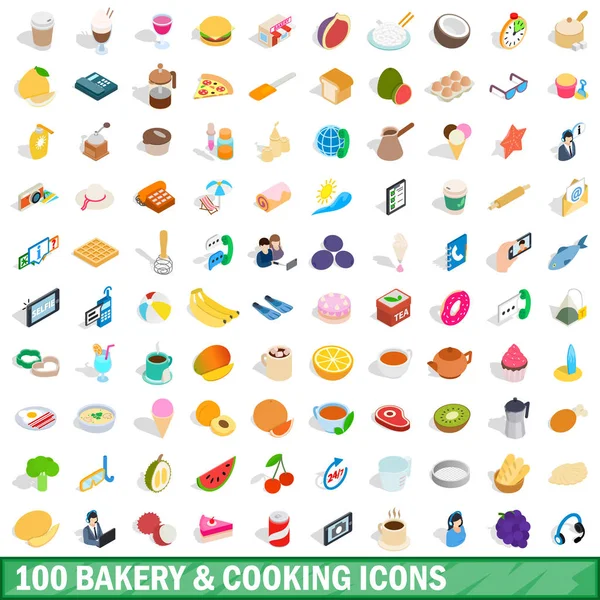 100 conjunto de iconos de cocina de panadería, estilo isométrico 3d — Vector de stock