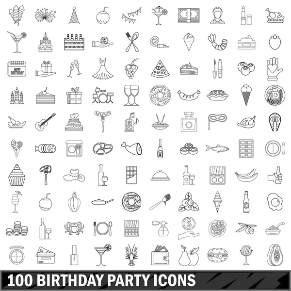 100 Ikonen für Geburtstagsparty gesetzt, Stil skizziert — Stockvektor