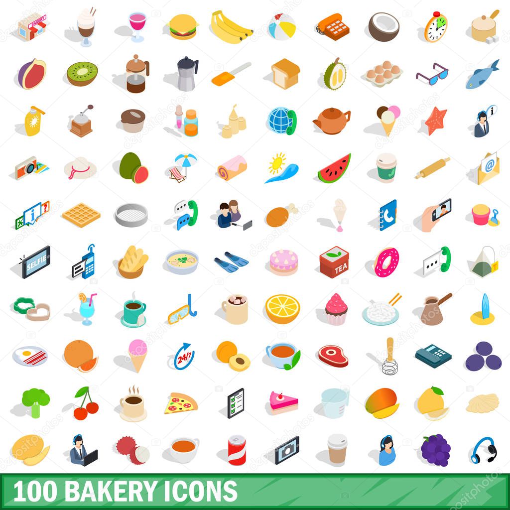 100 bakery icons set, isometric 3d style