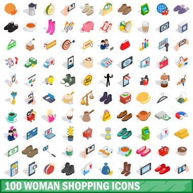 100 kadın alışveriş Icons set, izometrik 3d tarzı