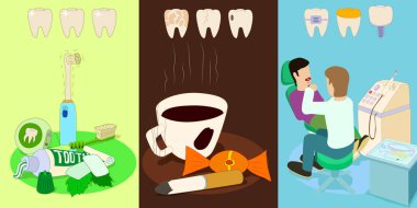 Diş yatay afiş kümesi, karikatür tarzı