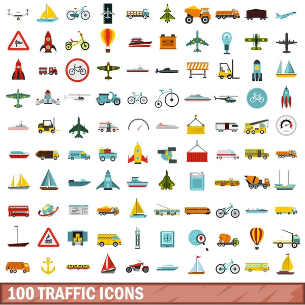 100 traffic icons set, flat style — Stock Vector