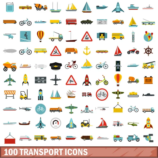 100 iconos de transporte, estilo plano — Vector de stock