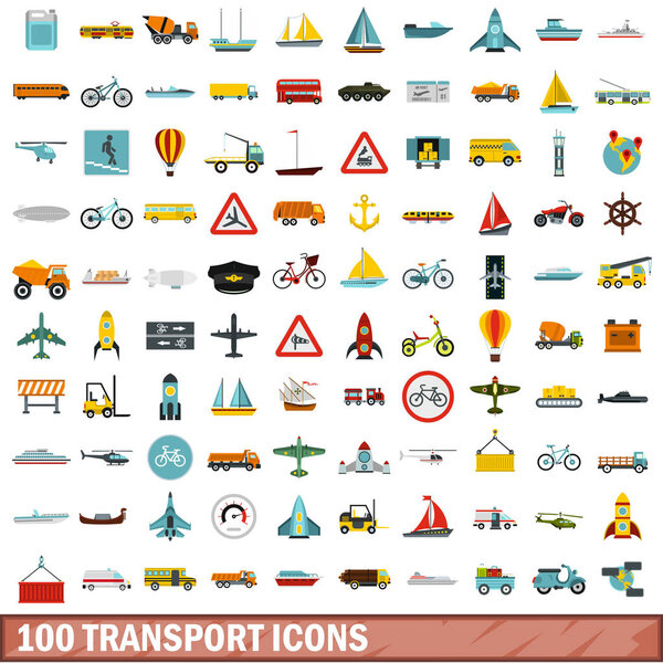 100 transport icons set, flat style