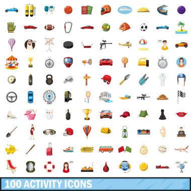 100 aktif Icons set, karikatür tarzı