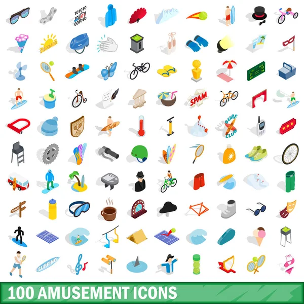 100 conjunto de iconos de diversión, estilo isométrico 3d — Vector de stock