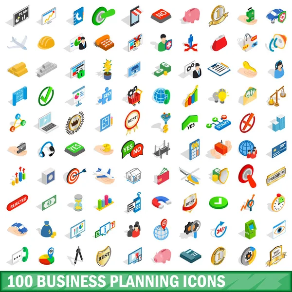 100 iconos de planificación de negocios, estilo isométrico — Vector de stock