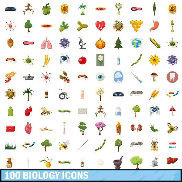 100 biology icons set, cartoon style — Stock Vector