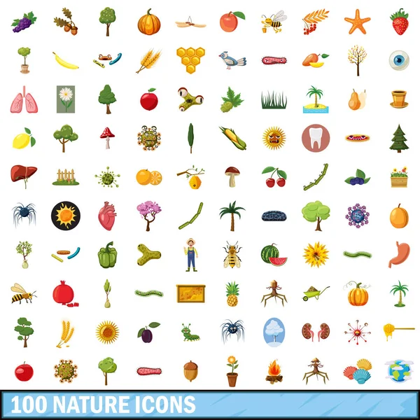 100 nature icons set, cartoon style — Stock Vector