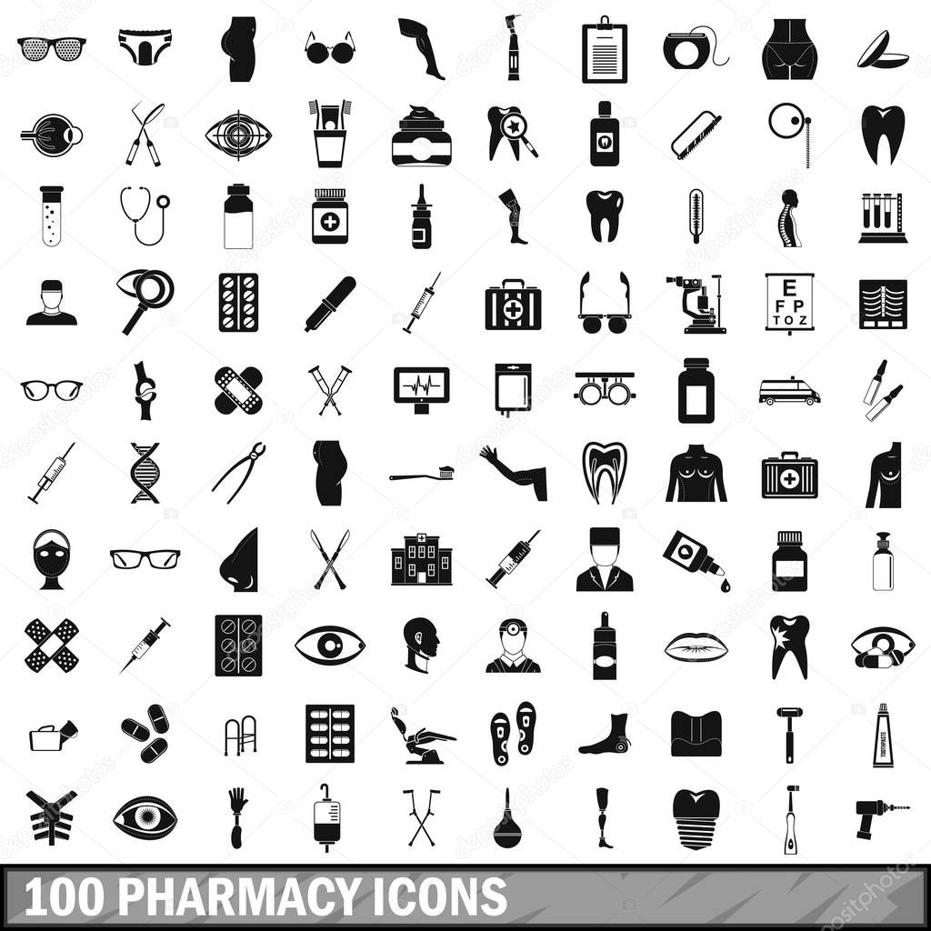 100 pharmacy icons set, simple style