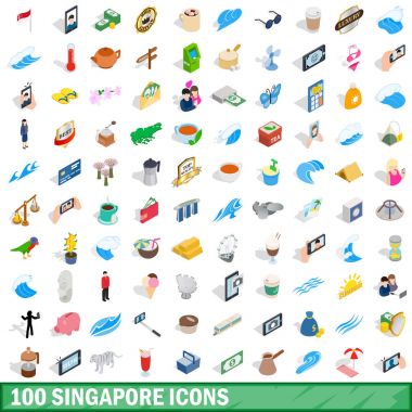 100 Singapur Icons set, izometrik 3d tarzı