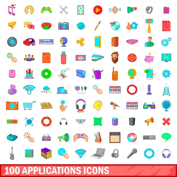 100 iconos de aplicaciones conjunto, estilo de dibujos animados — Vector de stock