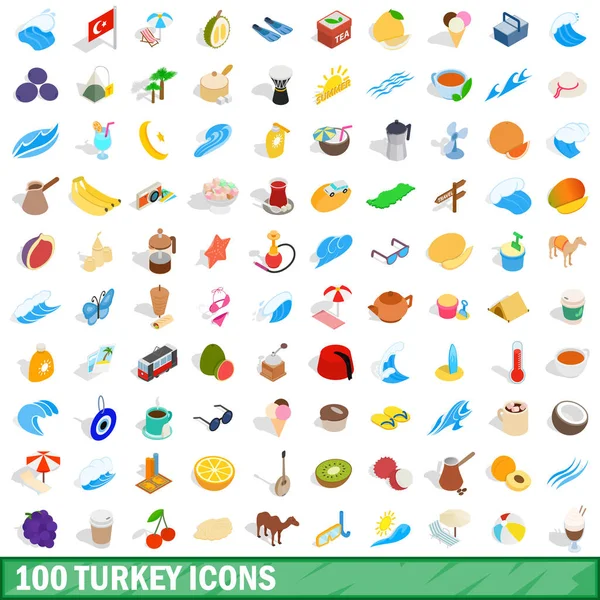 100 conjunto de iconos de pavo, estilo isométrico 3d — Vector de stock