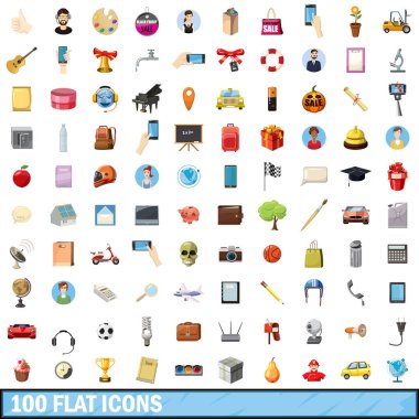 100 düz Icons set, karikatür tarzı