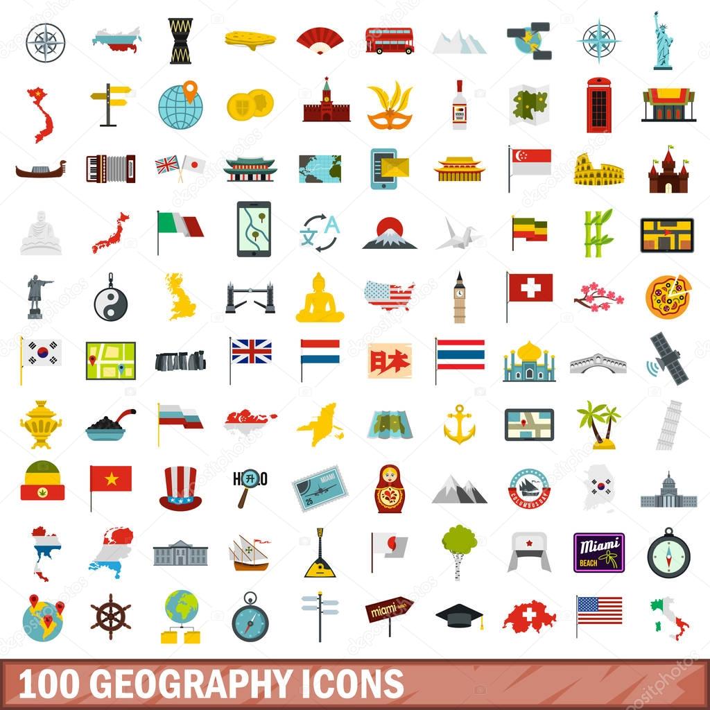 100 geography icons set, flat style