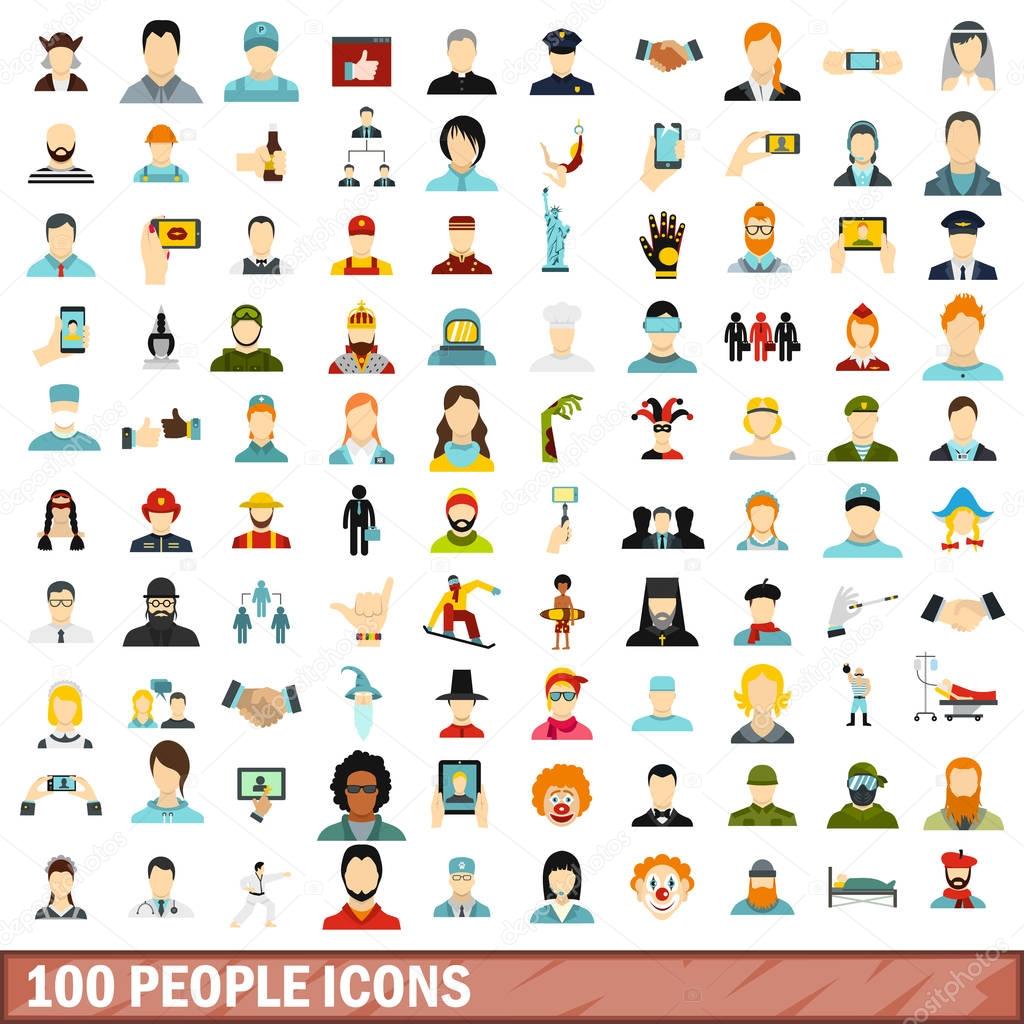 100 people icons set, flat style