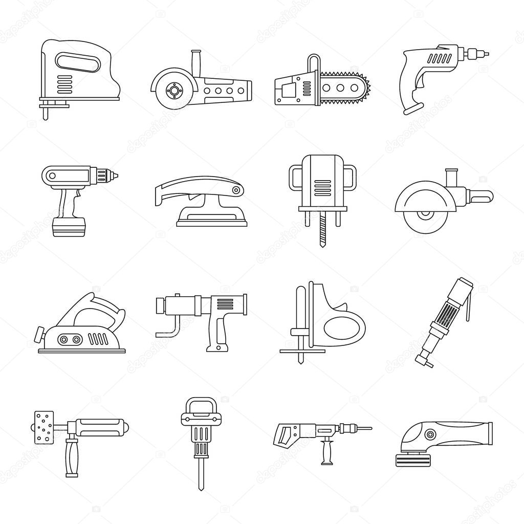 Electric tools icons set, outline style